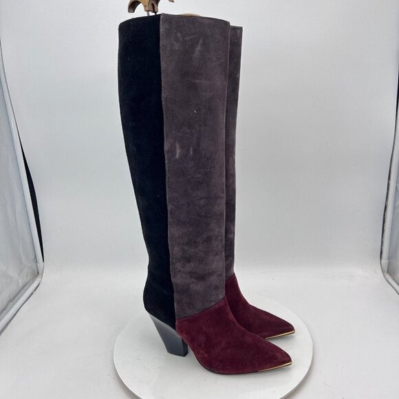 Tory Burch Lila 90mm Women Size 6M Burgundy Grey Black Suede Knee High Boot - Picture 4 of 15